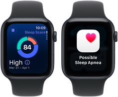 Two Apple Watch SE 3 devices with Midnight aluminum cases showing sleep score and a possible sleep apnea alert on screens