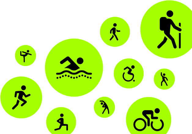 Workout icons, animated stick people running, walking, swimming, using wheelchair, hiking, cycling, lunging, dancing, stretching and doing yoga