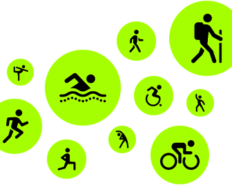 Workout icons, animated stick people running, walking, swimming, using wheelchair, hiking, cycling, lunging, dancing, stretching and doing yoga