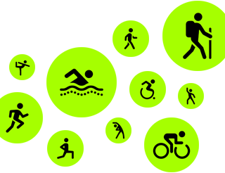 Workout icons, animated stick people running, walking, swimming, using wheelchair, hiking, cycling, lunging, dancing, stretching and doing yoga