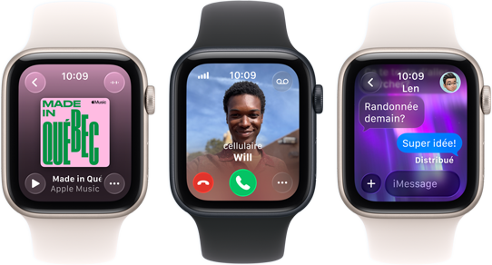 Trois Apple Watch SE 3 côte à côte, la première affiche l’app Apple Music, la deuxième un appel entrant, et la troisième un échange iMessage