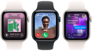 Trois Apple Watch SE 3 côte à côte, la première affiche l’app Apple Music, la deuxième un appel entrant, et la troisième un échange iMessage