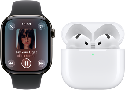 Apple Watch Series 11, boîtier en titane ardoise, bracelet : sport noir, app Musique ouverte, jumelée avec des AirPods 4