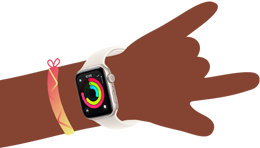 Illustration caricaturale de poignets d’enfants portant une Apple Watch SE 3 affichant l’app Activité