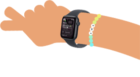 Illustration caricaturale de poignets d’enfants portant une Apple Watch SE 3 affichant l’app Messages