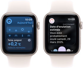 Deux Apple Watch SE 3 avec boîtiers en aluminium comète affichent sur leur écran l’app Signes vitaux