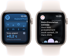 Deux Apple Watch SE 3 avec boîtiers en aluminium comète affichent sur leur écran l’app Signes vitaux