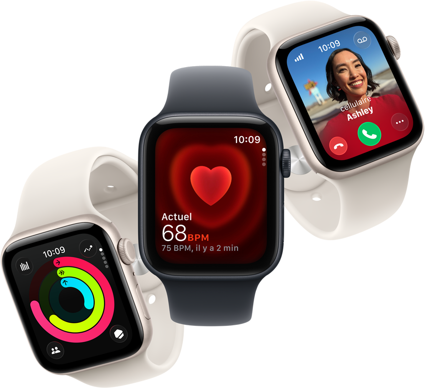 Trois Apple Watch SE 3 flottent côte à côte