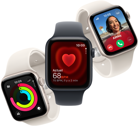 Trois Apple Watch SE 3 flottent côte à côte