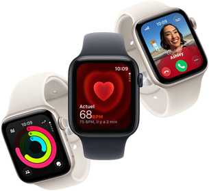 Trois Apple Watch SE 3 flottent côte à côte