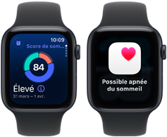 Deux Apple Watch SE 3 avec boîtiers en aluminium minuit affichent respectivement sur leur écran le score de sommeil et une alerte Possible apnée du sommeil