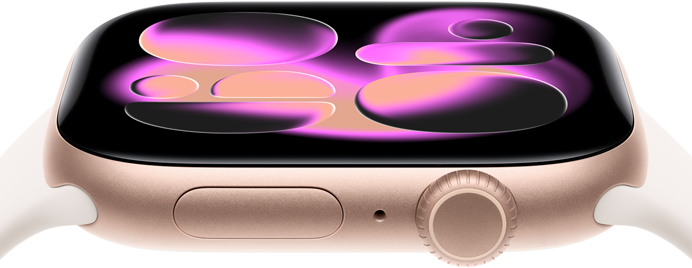 Apple Watch Series 11, aluminum rose gold case, Responsive Art watch face, right side exterior: Digital Crown, microphone, side button, light blush Sport Band