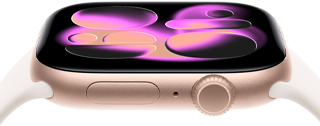 Apple Watch Series 11, aluminum rose gold case, Responsive Art watch face, right side exterior: Digital Crown, microphone, side button, light blush Sport Band