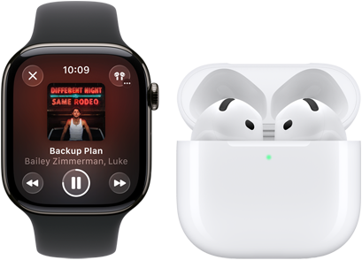 Apple Watch Series 11, titanium slate case, band: black sport band, Apple Music app open, paired with AirPods 4