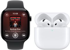 Apple Watch Series 11, titanium slate case, band: black sport band, Apple Music app open, paired with AirPods 4