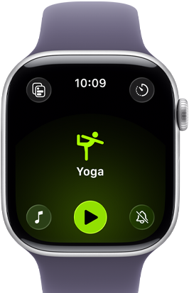 Apple Watch Series 11, aluminum silver case, Yoga Workout open, right side exterior: Digital Crown, purple fog Sport Band