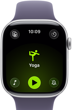 Apple Watch Series 11, aluminum silver case, Yoga Workout open, right side exterior: Digital Crown, purple fog Sport Band