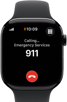 Apple Watch Series 11, aluminum jet black case, emergency call to 911 on screen, right side exterior: Digital Crown, black Sport Band