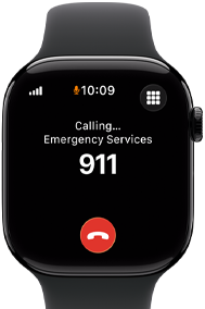 Apple Watch Series 11, aluminum jet black case, emergency call to 911 on screen, right side exterior: Digital Crown, black Sport Band