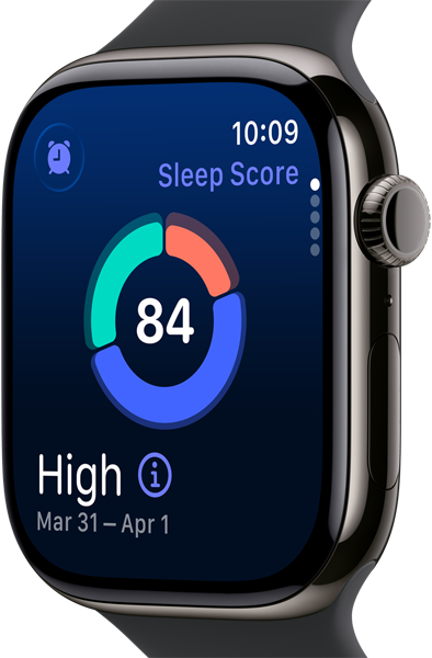 Up close Apple Watch Series 11 with a titanium slate case, showing sleep score on screen