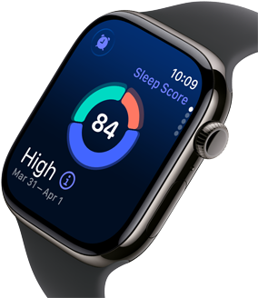 Up close Apple Watch Series 11 with a titanium slate case, showing sleep score on screen