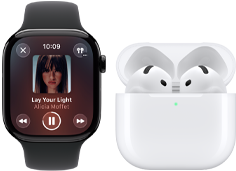 Apple Watch Series 11, boîtier en titane ardoise, bracelet : sport noir, app Apple Music ouverte, jumelée avec des AirPods 4