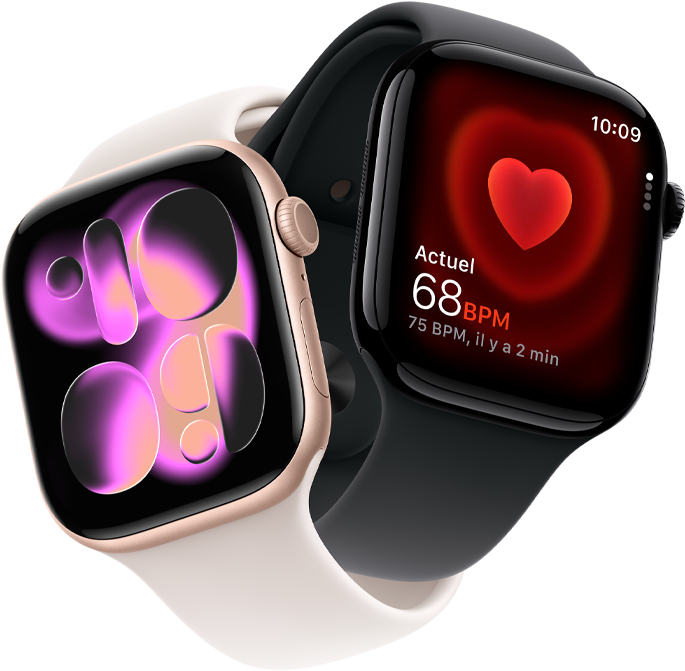 Apple Watch Series 11, aluminium or rose, cadran Illustration réactive, côté droit extérieur : Digital Crown, microphone, bouton latéral, bracelet sport rose tendre, Apple Watch Series 11, aluminium noir de jais, app Fréquence cardiaque, battements par minute actuels, côté droit extérieur : Digital Crown, bracelet sport noir