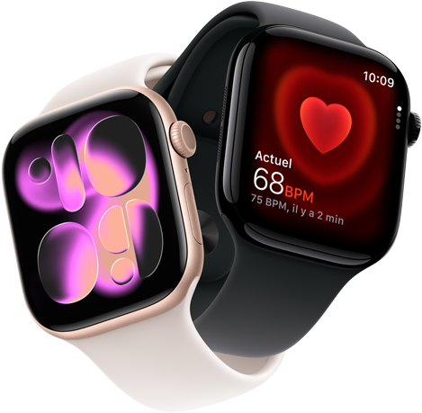 Apple Watch Series 11, aluminium or rose, cadran Illustration réactive, côté droit extérieur : Digital Crown, microphone, bouton latéral, bracelet sport rose tendre, Apple Watch Series 11, aluminium noir de jais, app Fréquence cardiaque, battements par minute actuels, côté droit extérieur : Digital Crown, bracelet sport noir