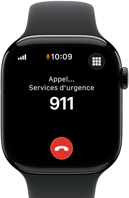 Apple Watch Series 11, boîtier en aluminium noir de jais, appel d’urgence au 911 à l’écran, côté droit extérieur : Digital Crown, bracelet sport noir