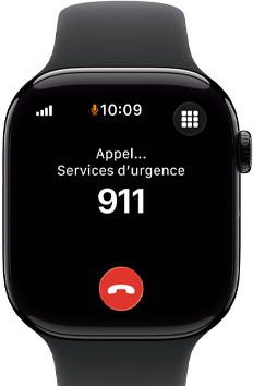 Apple Watch Series 11, boîtier en aluminium noir de jais, appel d’urgence au 911 à l’écran, côté droit extérieur : Digital Crown, bracelet sport noir