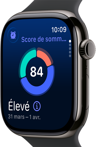 Vue rapprochée d’une Apple Watch Series 11 au boîtier en titane ardoise, affichant le score de sommeil à l’écran