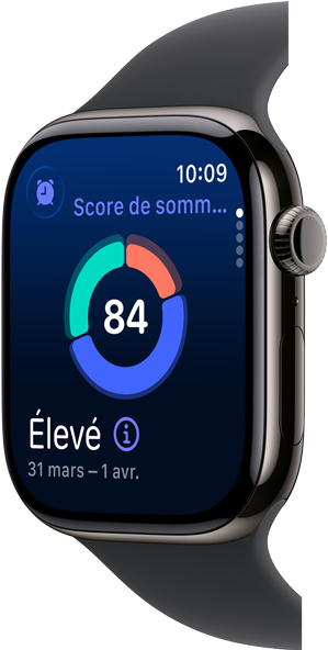 Vue rapprochée d’une Apple Watch Series 11 au boîtier en titane ardoise, affichant le score de sommeil à l’écran