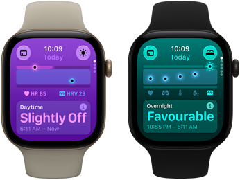 Two Apple Watch Series 12 devices: aluminum case, light gold colour, Daytime Vitals Slightly Off, Digital Crown, sand Sport Band, aluminum case, black colour, Overnight Vitals Favourable, Digital Crown, black Sport Band