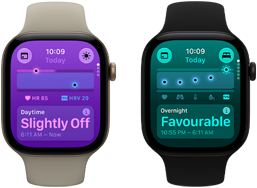 Two Apple Watch Series 12 devices: aluminum case, light gold colour, Daytime Vitals Slightly Off, Digital Crown, sand Sport Band, aluminum case, black colour, Overnight Vitals Favourable, Digital Crown, black Sport Band