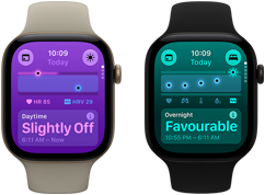 Two Apple Watch Series 12 devices: aluminum case, light gold colour, Daytime Vitals Slightly Off, Digital Crown, sand Sport Band, aluminum case, black colour, Overnight Vitals Favourable, Digital Crown, black Sport Band