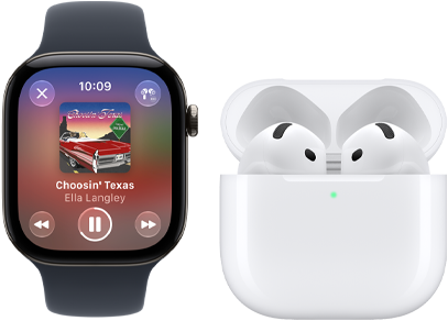 Apple Watch Series 12, aluminum case, black colour, black Sport Band, Apple Music app open, paired with AirPods 4