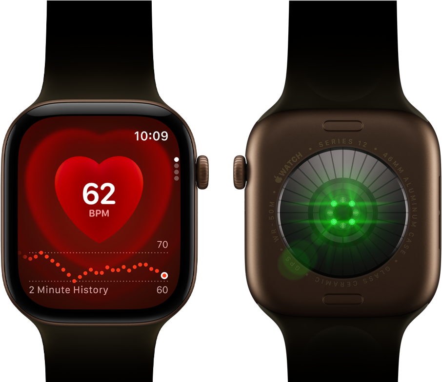 Two Apple Watch Series 12 devices, aluminum case, dark bronze color with olive Sport Band, one showing the Heart Rate app, the other with the Health Sensing System on the back of the watch, with glowing green LED lights