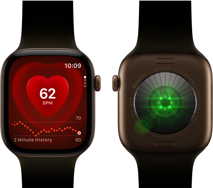 Two Apple Watch Series 12 devices, aluminum case, dark bronze color with olive Sport Band, one showing the Heart Rate app, the other with the Health Sensing System on the back of the watch, with glowing green LED lights