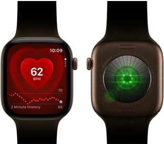 Two Apple Watch Series 12 devices, aluminum case, dark bronze color with olive Sport Band, one showing the Heart Rate app, the other with the Health Sensing System on the back of the watch, with glowing green LED lights