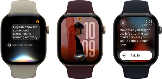 Three Apple Watch Series 12 devices, one with light gold aluminum case, Siri AI conversation, sand Sport Band, one with light gold aluminum case, personalized photo on watch face with Siri AI complication, burgundy Sport Band, and one with space gray aluminum case, Siri Recap, black Sport Band