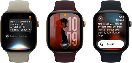 Three Apple Watch Series 12 devices, one with light gold aluminum case, Siri AI conversation, sand Sport Band, one with light gold aluminum case, personalized photo on watch face with Siri AI complication, burgundy Sport Band, and one with space gray aluminum case, Siri Recap, black Sport Band