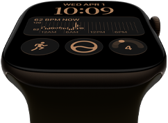 Apple Watch Series 12, aluminum case, dark bronze colour, Modular watch face, complications: day and date, Workouts, Activity rings, Apple Music, right side exterior, Digital Crown, Sport Band, olive colour