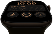 Apple Watch Series 12, aluminum case, dark bronze colour, Modular watch face, complications: day and date, Workouts, Activity rings, Apple Music, right side exterior, Digital Crown, Sport Band, olive colour