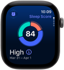 Apple Watch Series 12, aluminum case, space gray color, sleep score circle graph, right side exterior, Digital Crown