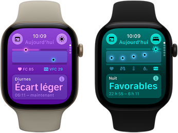 Deux Apple Watch Series 12 : boîtier en aluminium, couleur or clair, signes vitaux diurnes avec écart léger, couronne Digital Crown, bracelet sport sable, boîtier en aluminium, couleur noir, signes vitaux nocturnes favorables, couronne Digital Crown, bracelet sport noir