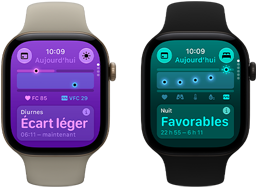 Deux Apple Watch Series 12 : boîtier en aluminium, couleur or clair, signes vitaux diurnes avec écart léger, couronne Digital Crown, bracelet sport sable, boîtier en aluminium, couleur noir, signes vitaux nocturnes favorables, couronne Digital Crown, bracelet sport noir