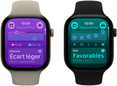 Deux Apple Watch Series 12 : boîtier en aluminium, couleur or clair, signes vitaux diurnes avec écart léger, couronne Digital Crown, bracelet sport sable, boîtier en aluminium, couleur noir, signes vitaux nocturnes favorables, couronne Digital Crown, bracelet sport noir