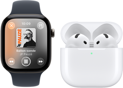 Apple Watch Series 12, boîtier en aluminium, couleur noir, bracelet sport noir, app Apple Music ouverte, la montre jumelée à des AirPods 4