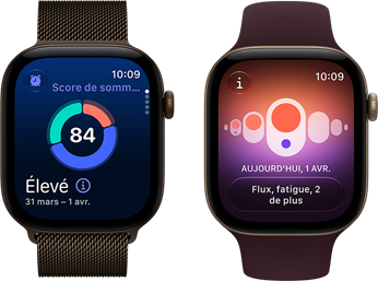Deux Apple Watch Series 12, la première avec un boîtier en aluminium, couleur bronze foncé, graphique circulaire du score de sommeil, couronne Digital Crown, bracelet milanais, couleur bronze foncé, et la deuxième avec suivi du cycle, boîtier en aluminium, couleur or clair, bracelet sport, couleur bourgogne