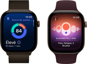 Deux Apple Watch Series 12, la première avec un boîtier en aluminium, couleur bronze foncé, graphique circulaire du score de sommeil, couronne Digital Crown, bracelet milanais, couleur bronze foncé, et la deuxième avec suivi du cycle, boîtier en aluminium, couleur or clair, bracelet sport, couleur bourgogne